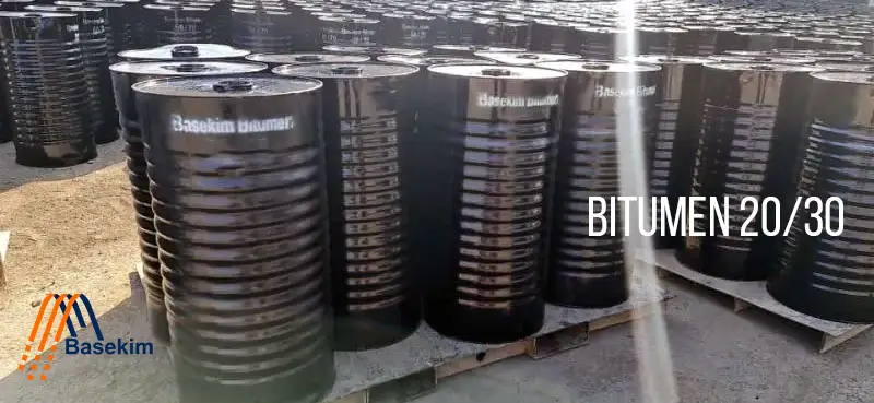 Steel drums of Bitumen 20/30 stacked in a 20-foot shipping container.