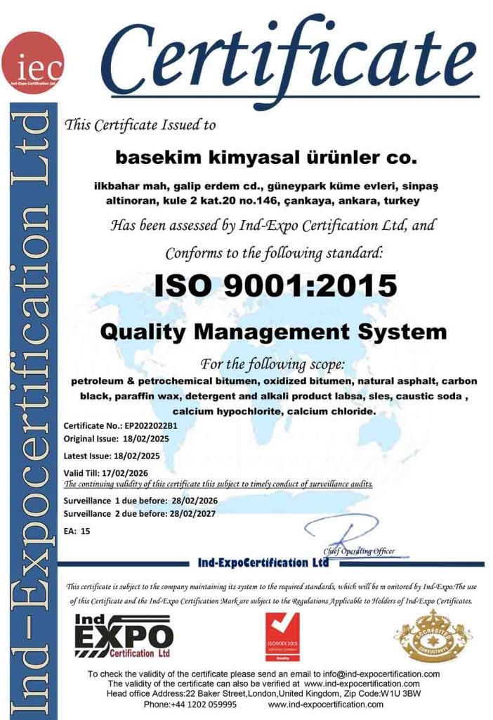 ISO 9001:2015 Certificate for Basekim Kimyasal Ürünler Co.