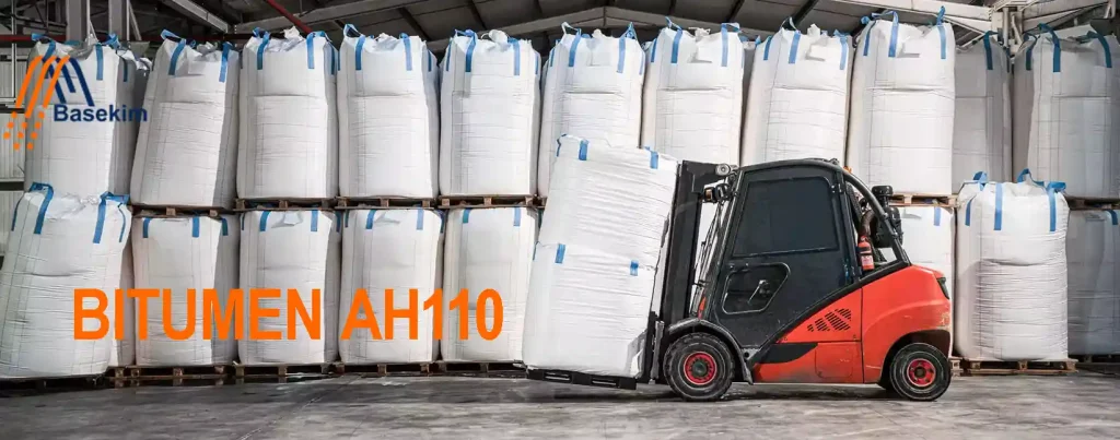 Forklift moving Bitumen AH110 jumbo bags in Basekim warehouse