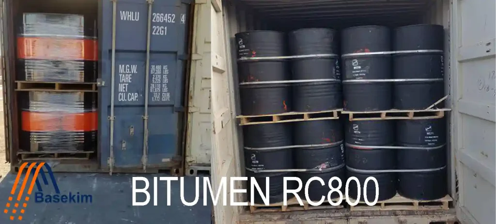 Bitumen RC800 in steel drums, ready for export. Used in fast-curing road surface applications. Supplied by Basekim.