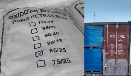 Basekim üretimi bitüm 85/25 torbası ve sevkiyata hazır mavi ambalajlı ürünlerin yüklü olduğu konteyner.