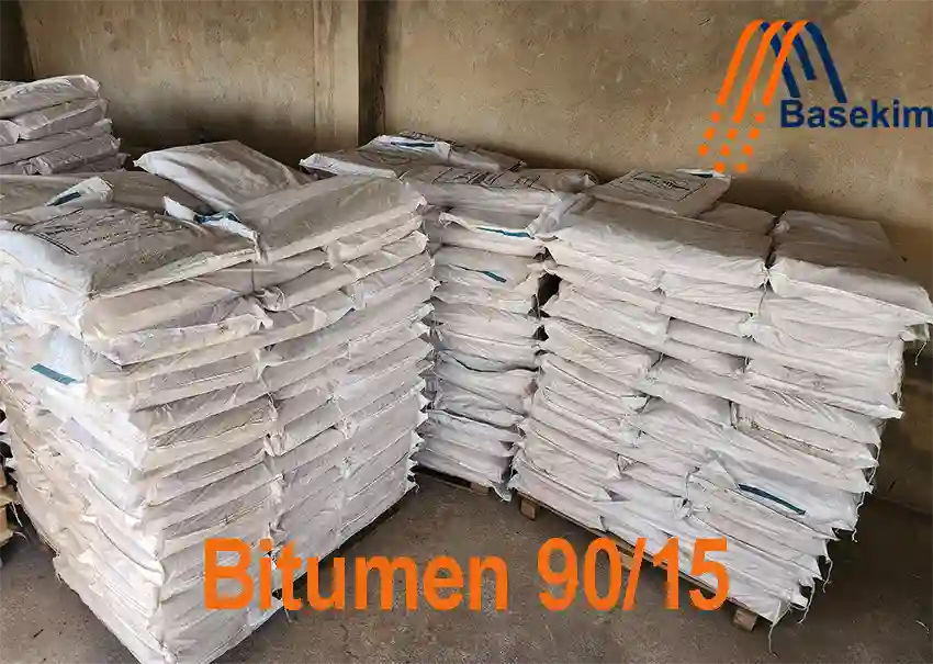 Bitumen 90/15 in sealed steel drums, produced by Basekim for waterproofing, roofing, and industrial sealing applications.