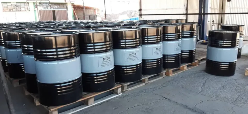 Drum of Bitumen MC30 cutback bitumen used for road priming and surface treatment.