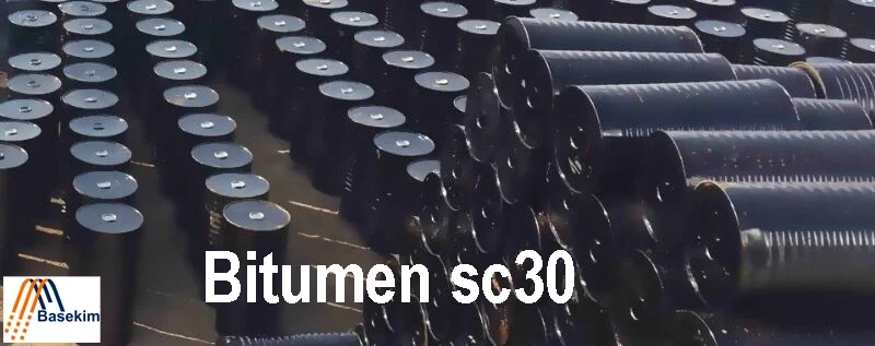 Bitumen SC30 in sealed steel drums, provided by Basekim for road construction, surface priming, and soil stabilization projects.