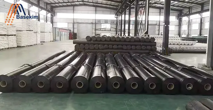 HDPE Geomembrane Sheet unrolled at a construction site for waterproofing application