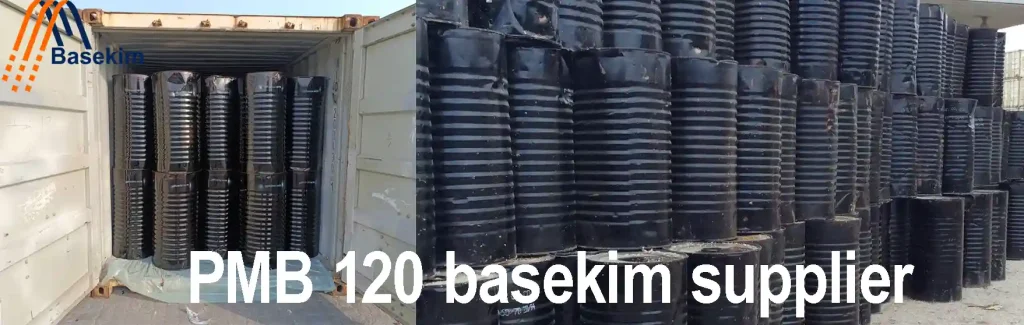 Stacked PMB 120 bitumen drums ready for export by Basekim supplier
