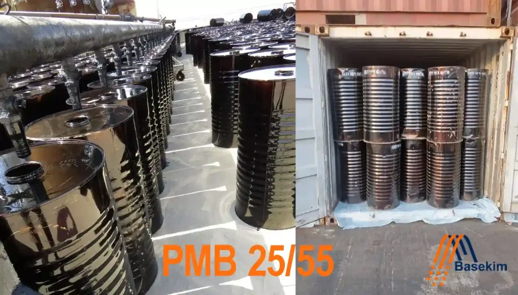 Basekim PMB 25/55 drums being filled and loaded into shipping containers