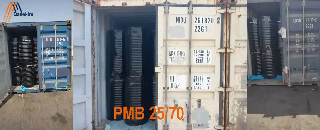 Shipping containers filled with PMB 25/70 drums prepared by Basekim for export
