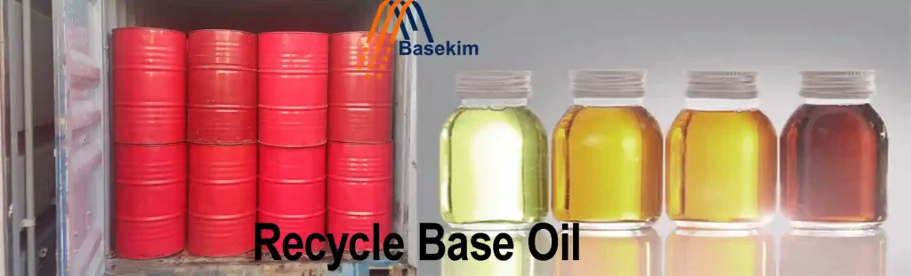 Recycle Base Oil drums and sample bottles in different colors indicating oil purity levels