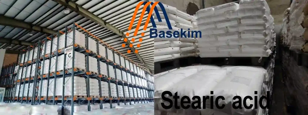 White sacks of stearic acid stored on pallets in Basekim warehouse