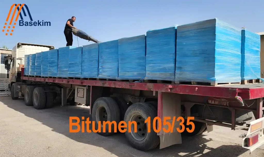 Bitumen 105/35 in industrial steel drums, produced by Basekim for use in waterproofing and industrial insulation applications.