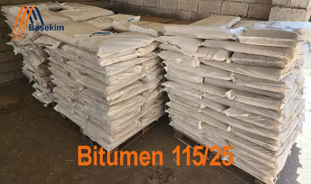 Oxidized Bitumen 115/25 in sealed steel drums, manufactured by Basekim for industrial waterproofing and sealing applications.