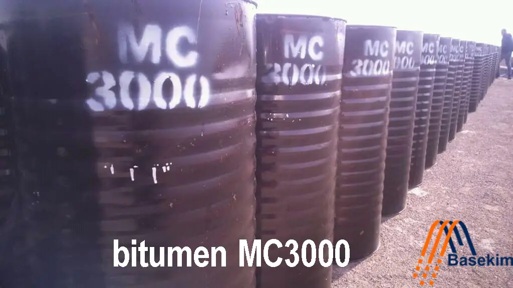 Bitumen MC3000 in sealed steel drums, supplied by Basekim for use in heavy-duty road construction and surface treatments.