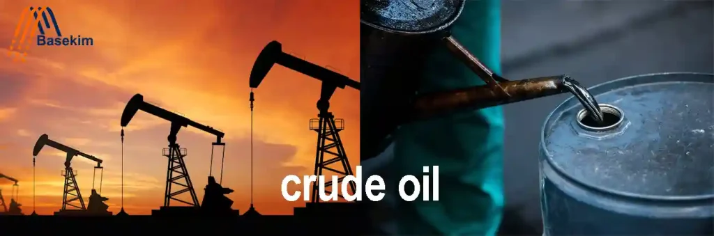Oil pump jacks operating at sunset and crude oil being poured into a metal drum.