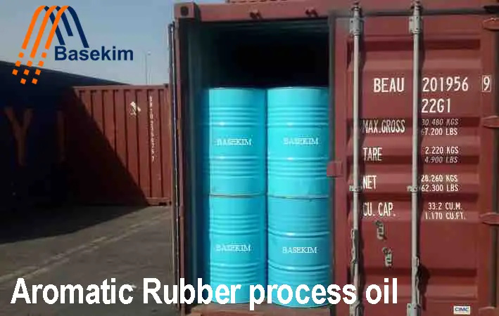 Blue Basekim barrels of Aromatic Rubber process oil stored in a shipping container for industrial supply from UAE and Turkey.