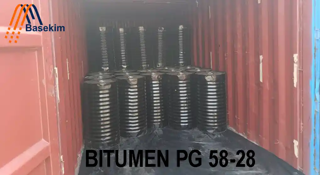 Bitumen PG 58-28 packed in steel drums inside a shipping container, ready for export.