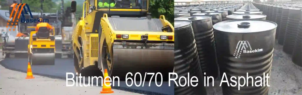 Bitumen 60/70 role in asphalt road construction with Basekim-supplied drums and paving equipment