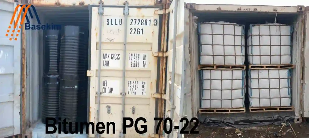Open shipping containers showing Bitumen PG 70-22 packed in jumbo bags and cylindrical drums, ready for export.