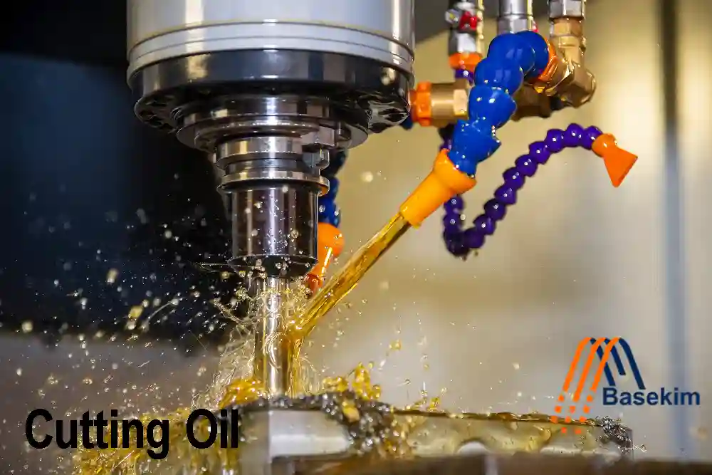 Cutting oil cooling and lubricating a CNC machine tool during metal cutting — Basekim supplier.