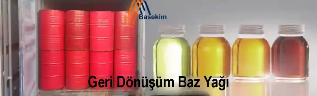 Kırmızı variller ve farklı renk tonlarında Geri Dönüşüm Baz Yağı numuneleri – Basekim