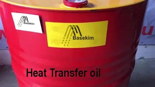 Red steel drum of Basekim heat transfer oil ready for export and industrial supply.