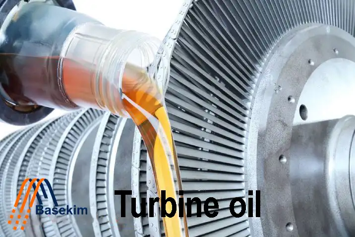 Turbine oil being poured into a turbine system for lubrication and protection — Basekim supplier.
