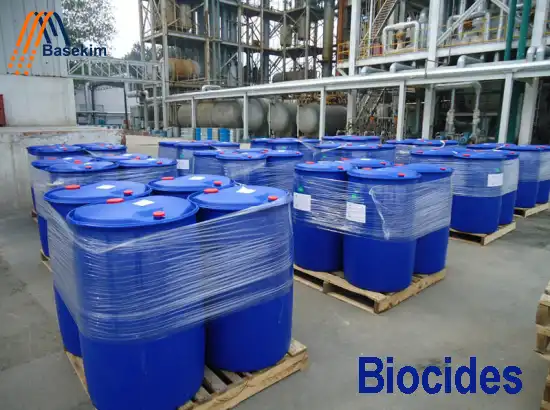 Basekim biocides in blue drums ready for shipping to control bacteria and protect drilling fluids worldwide.