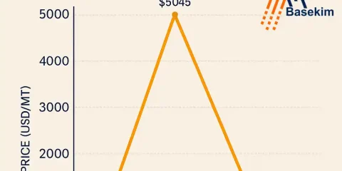 Global bitumen price trend chart from 2020 to 2025 showing fluctuations from $290 to $5045 per MT, with Basekim logo.
