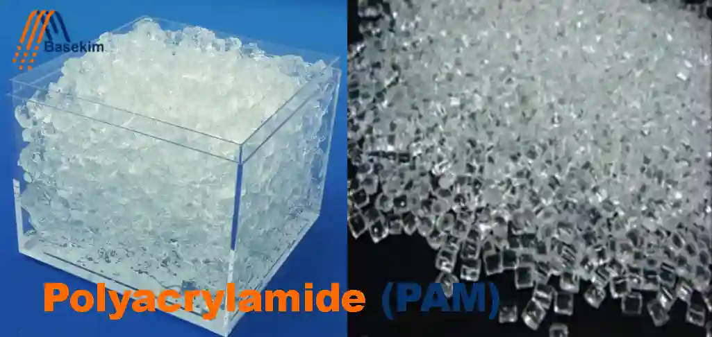Polyacrylamide (PAM) crystals supplied by Basekim for water treatment, mining, and industrial use