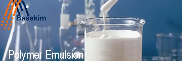 Polymer emulsion in laboratory beaker supplied by Basekim for coatings, adhesives, and construction industries