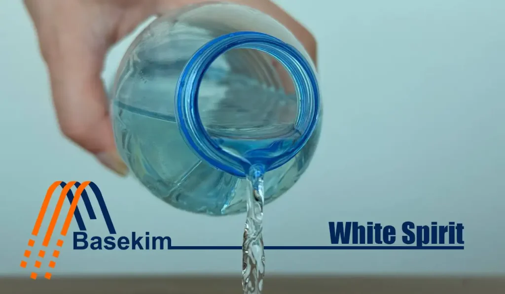 Clear white spirit solvent in a transparent container used for cleaning and thinning paints