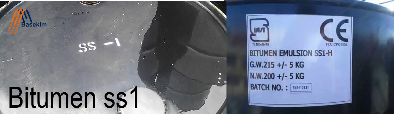 Steel drum of Bitumen SS1 with clear product labeling, Basekim logo visible.