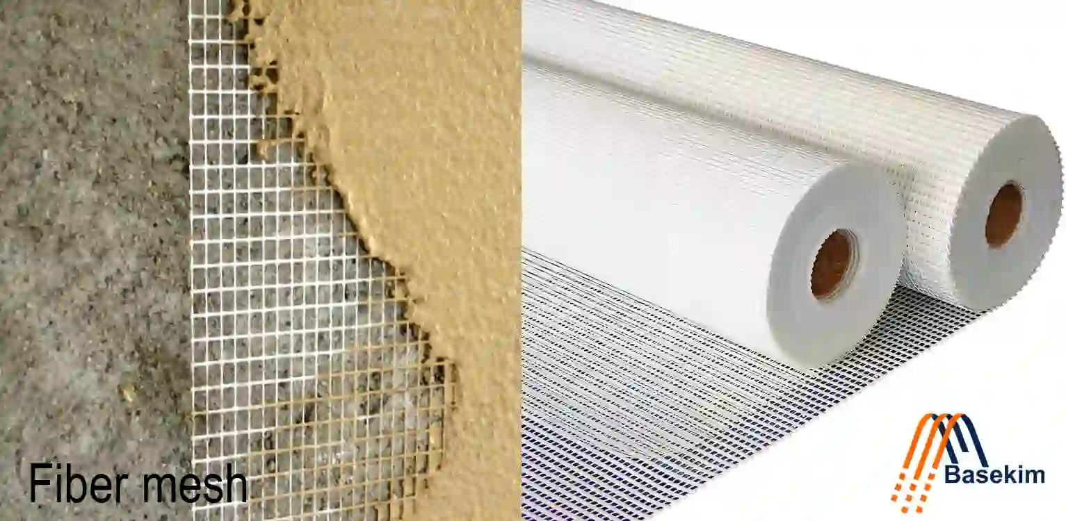 Fiber mesh rolls and installed reinforcement on concrete surface supplied by Basekim.