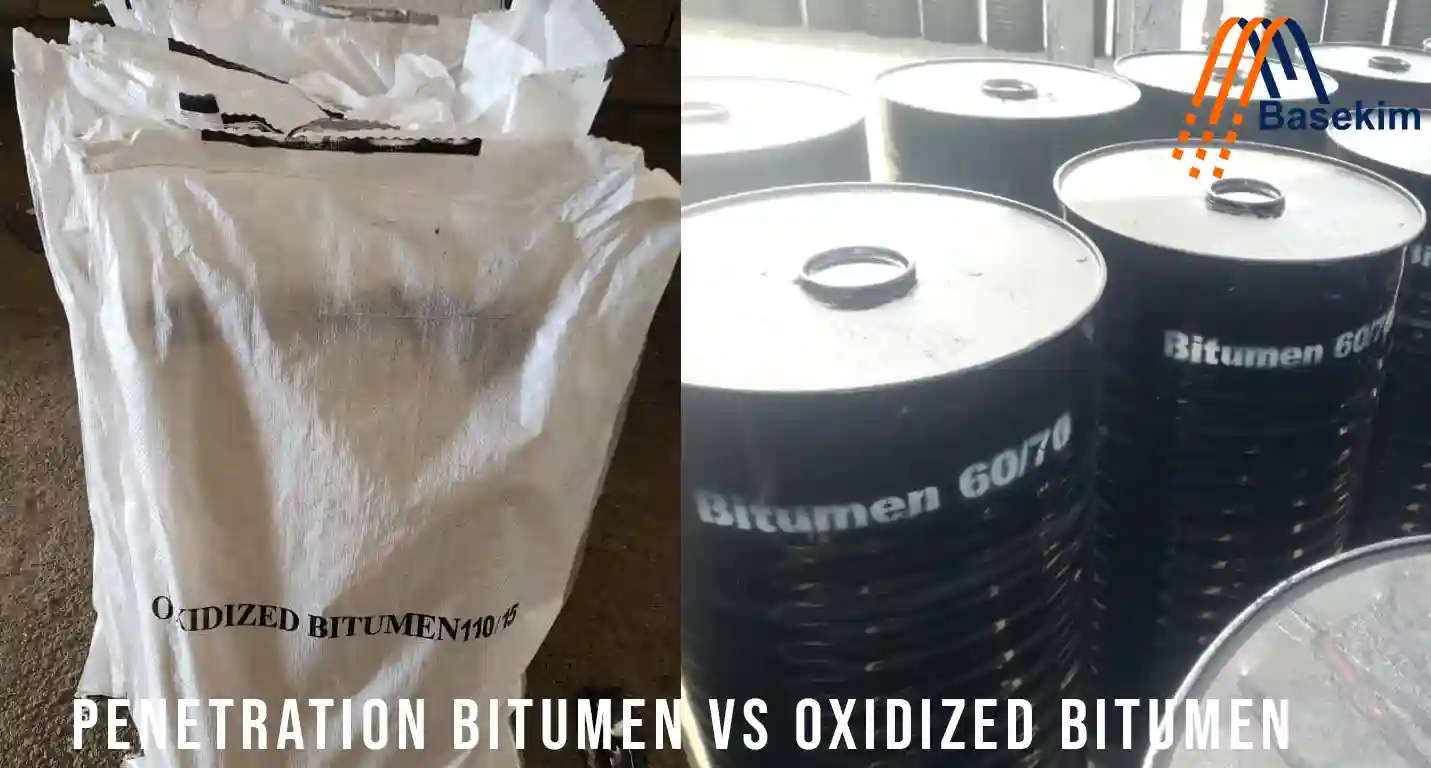 Penetration bitumen vs oxidized bitumen comparison showing oxidized bitumen 110/15 jumbo bag and penetration bitumen 60/70 steel drums from Basekim.